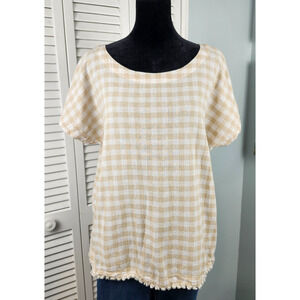 Liz Claiborne Gingham Top Medium Linen Blend Fringe Hem